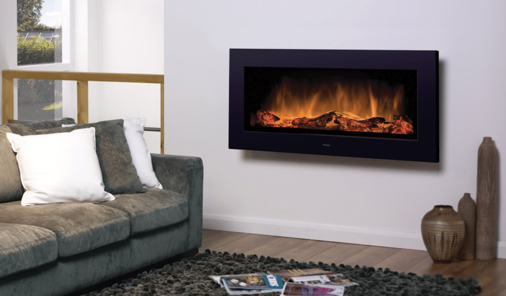 Rectangle electric fireplace on white living room wall