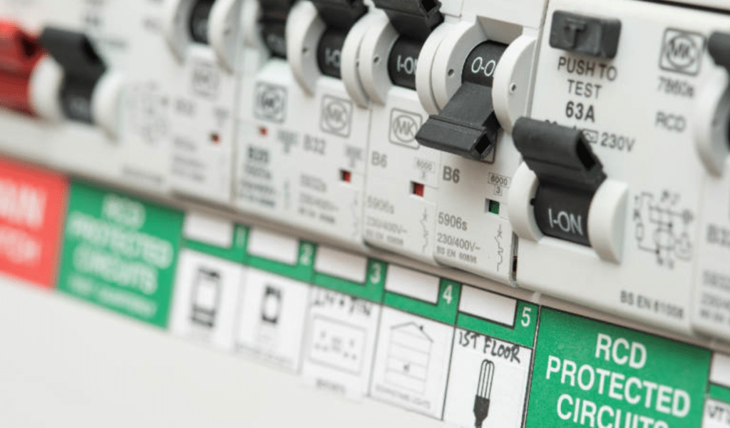A consumer unit fuse board with RCD label
