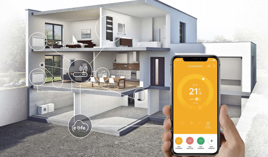 A smart home with a phone in the foreground showing the temperature