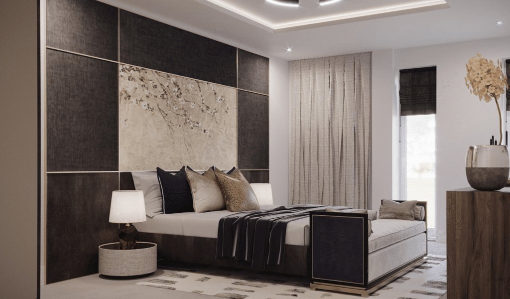 Luxury bedroom with ceiling spotlights and bedside lamps